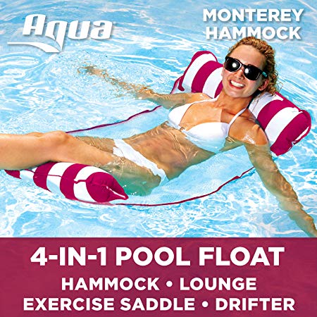 Aqua Monterey 4-in-1 Multi-Purpose Inflatable Hammock (Saddle, Lounge Chair, Hammock, Drifter) Portable Pool Float, Burgundy/White Stripe