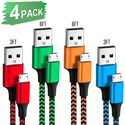 Micro USB Cable Fast Android Charging Cord 4Pack 3/3/6/6 FT Charging Cable Nylon Braided Cable Charger Cord for Samsung Galaxy S7 Edge S6 S5 J7 J7V J5, HTC,Moto E5 G4 G5, LG K40 K30 K20, Tablet, PS4