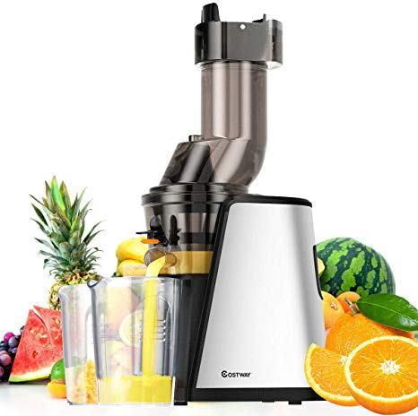 COSTWAY Slow Juicer Masticating Machine with 3.4 inch Wide Chute, Stainless Steel Juicer Extractor with Cold Press Masticating Squeezer Technology, Quiet Motor & Reverse Function, Easy-to-Clean, BPA-Free