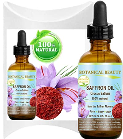 SAFFRON OIL (KESAR) Crocus Sativus 100% Natural for Face, Skin, Body, Hair, Nail Care 0.5 Fl.oz.- 15 ml Healing, Antioxidant by Botanical Beauty