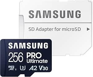 Samsung PRO Ultimate microSD memory card, 256 GB, UHS-I U3, 200 MB/s read, 130 MB/s write, Includes USB card reader, For smartphone, drone or action cam