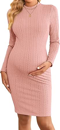 Ekouaer Maternity Dress Rib Knit Mock Turtleneck Long Sleeve Stretchy Bodycon Pregnancy Dresses