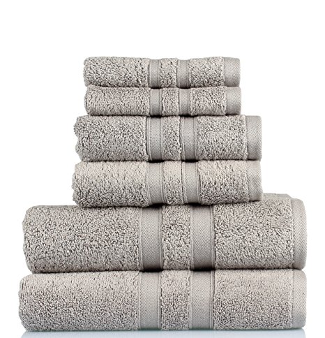 Feather Touch 6 Piece Towel Set (Grey); 2 Bath Towels, 2 Hand Towels and 2 Washcloths - Cotton - Machine Washable, Hotel Quality, Super Soft and Highly Absorbent