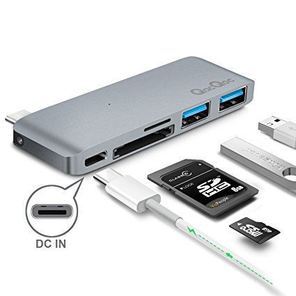 GN21B Type-C Hub with Power Delivery 2 superspeed USB 3.0 ports, 1 SD memory port, 1 microSD memory port card reader for MacBook 12-Inch, MacBook Pro, Google Chromebook, Aluminum Alloy Build (Sky Gray)