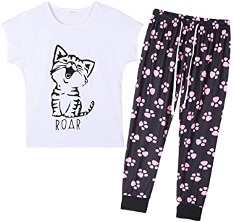 YIJIU Women's Cute Cartoon Cat Sleepwear Short Sleeve Top and Pants Pajama Set