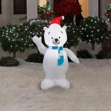 Gemmy Airblown Inflatable Polar Bear Standing Waiving Wearing Santa Hat, Blue and White Striped Scarf - Holiday Yard Decorations, 3.5 Feet Tall