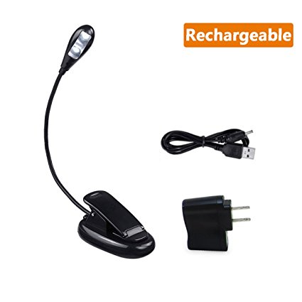 Ustellar Rechargeable LED Book Light, 2-Level Brightness, Portable and Flexible, Eye Caring Reading Lamp with Clip On, Travel Light with Soft Padded Clamp, AC Adaptor and USB Cable