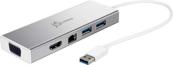 Kopplen j5create JUD380 USB 3.0 Mini Docking Station with HDMI, Gigabit Ethernet, 2 USB 3.0 ports, VGA, USB charging (Silver)