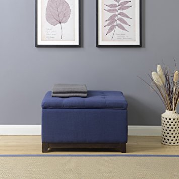 Belleze Linen Ottoman Storage Bench Stool Large Living Room Footrest Seat Tufted Foot Stool, Navy Blue