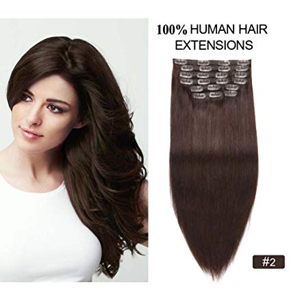 Clip on Hair Extensions Human Hair, Re4U 100% Remy Human Hair 14inch Grade 8A Quality Full Head Dark Brown Clip on Hair Extensions 10pcs (14" 10pcs 110g #2)