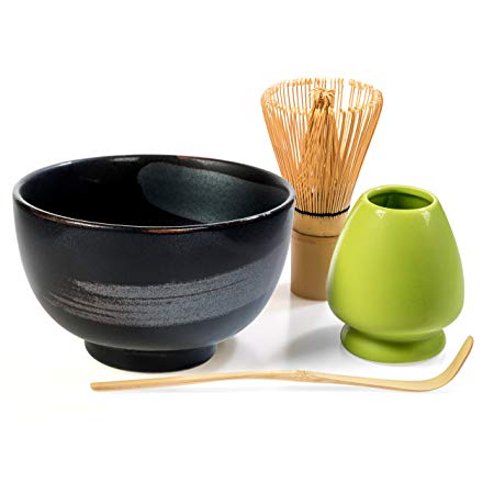 Tealyra - Matcha - Start Up Kit - 4 Items - Matcha Green Tea Gift Set - Japanese Made Black Bowl - Bamboo Whisk and Scoop - Whisk Holder - Gift Box