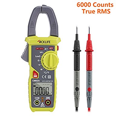 Tacklife CM02A Digital Clamp Meter Auto-Ranging Multimeter TRMS 6000 Counts Non Contact Voltage Detection, Temperature, AC Current, AC/DC Voltage, Resistance, Capacitance Test