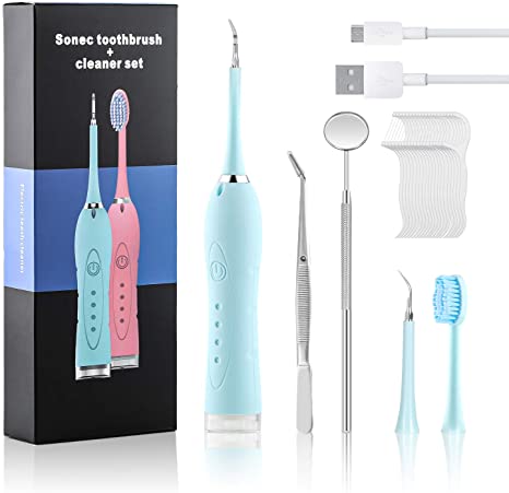Teeth Cleaner Kit Xpassion Teeth Cleaning Set 4 Intensity Modes with Replaceable Head | 1 Toothbrush Head | 1 Dental Mirror | 1 Tweezers | 20 Floos Picks