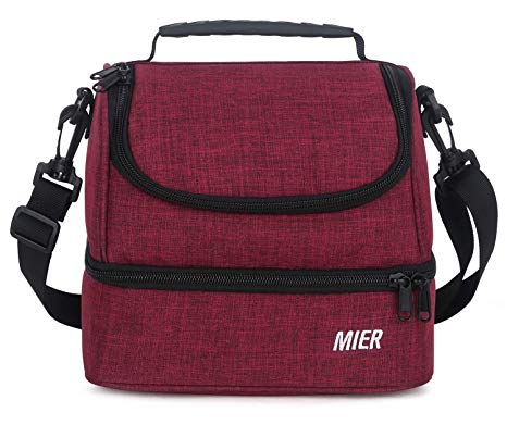 MIER 2 Compartment Small Lunch Bag for Men Women Kids Leakproof Cooler Lunch Tote with Shoulder Strap, Dark Red