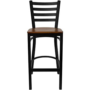 Flash Furniture HERCULES Series Black Ladder Back Metal Restaurant Barstool - Cherry Wood Seat