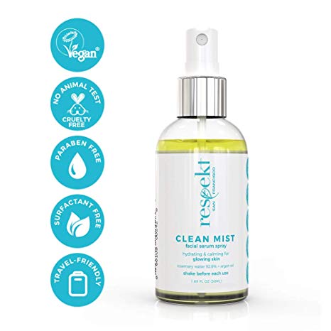 CLEAN MIST: Organic Facial Toner Spray & Makeup Fixer | 92.8% Rosemary Water + Argan Oil, Vegan, Cruelty Free, Surfactant free. 50ml (Rosemary + Argan Oil)