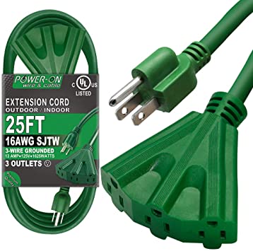 Kasonic 25 Ft Extension Cord with 3 Outlets, UL Listed; 16/3 SJTW; 3-Wire Grounded; 13A 125V 1625W; for Indoor/Outdoor Use - Green