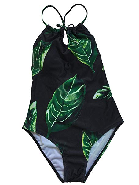 Lemosery Women's Bathing Floral Leaf Printed Sexy Back Bandage Padded Halter One Piece Monokini Swimsuits
