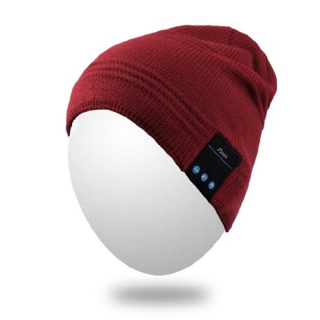 Qshell Winter Bluetooth Beanie Hat Cap with Stereo Speaker Headphones, Microphone, Hands Free and Rechargeable Battery - Compatible with Mobile Phones, iPhone, iPad, Tablets, Android Smartphones - Red