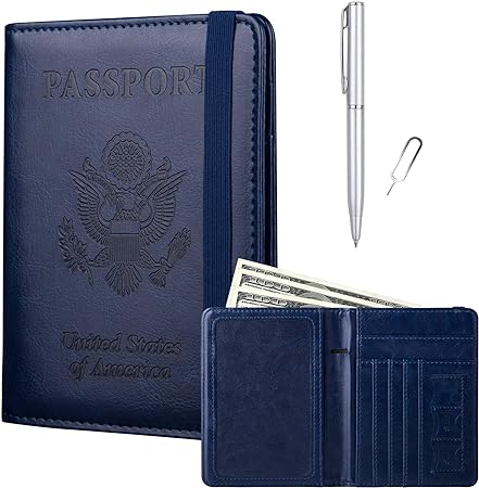 GOAUS Passport Holder with Money Pocket and Card Slots, Men Women Passport Wallet, RFID Blocking Passport Cover, Passport Book Case Dark Blue