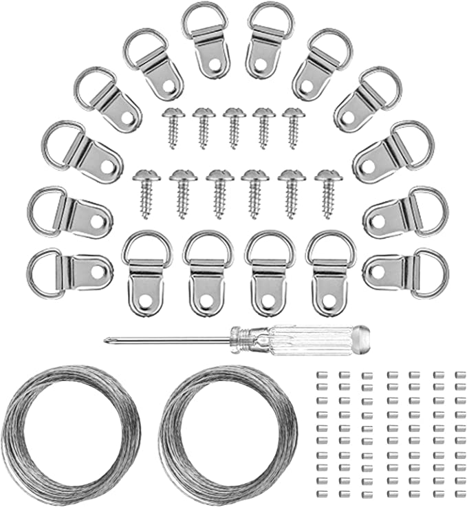 YHYZ D Ring Picture Hangers Sets(60 Sets ), D Ring Hooks   Screws   Hanging Wire   Crimping Loop Sleeves   Screwdriver, for Painting Photo Pictures Clock Artwork Mirrors Cross-stitch