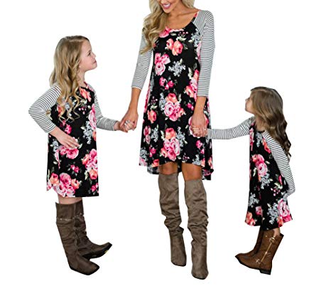 Family Matching Flower Print O-Neck Long Sleeve Short Dress Mommy and Me One Piece Spring Fall Dress