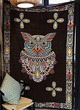 Psychedelic Owl Tapestry Large Format Art Bedspreads Dorm Decor,60"x 80",Twin Size