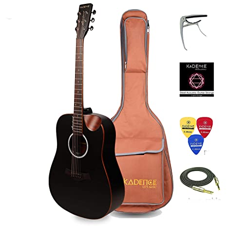 Kadence Slowhand Series Premium Acoustic Guitar, Black Spruce Top, Combo with Heavy Padded Bag, Instrument cable, Pro Capo and Fiber Body Stand. (Black,Spruce Top) (Black,Spruce Top) SH-04