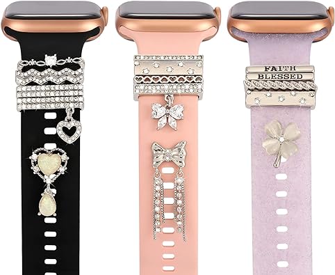 Greaciary 15pcs watch charms with 12pcs Decorative ring Loops & 3pcs watch stud,metal Diamond Sliding Strap Accessories Compatible with Apple watch Silicone bands 38mm 40mm 41mm 42mm 44mm 45mm 49mm iwatch Series 8 7 6 5 4 3 Rhinstone ornament