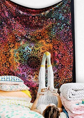Popular Handicrafts Tie Dye Hippie Kaleidoscopic Star Intricate Floral Design Indian Bedspread Good Luck Marshala 54x84 Inches,(140cmsx215cms) Tye Dye Multi Color