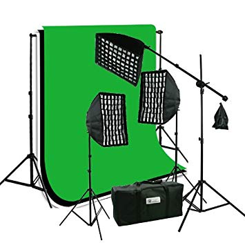 ePhoto 3 x Premium HoneyComb Softbox Photography Studio Video Lighting Kit Boom Stand Hair Light with 3 Chromakey Black, White, Green Muslin Supporting Background Stand System Case HGD2-69BWG