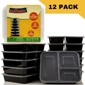 Sustainr Stackable Meal Prep Containers - 12 Secure Lids and Containers - 3 Compartment Leakproof Reusable Food Containers 36 Oz - 12 Pack