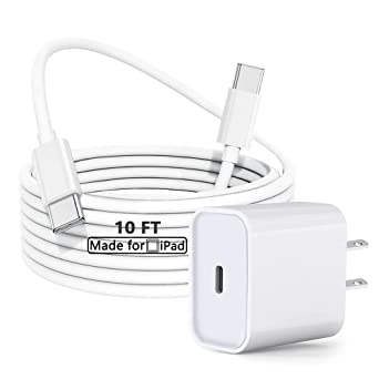 iPad Charger,20W USB C Fast Charger For New iPad mini 6th/iPad Pro,USB-C PD Wall Charger With 10FT Long Type C to C Charging Cable Cord For iPad Pro in 5/4/3 Gen,2021/20/18 iPad Pro 11 in,iPad Air 4th