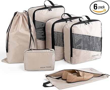 6Pcs Packing Cubes for Travel Lightweight Luggage Organizer Bag Travel Cubes, Durable Travel Bags Foldable Suitcase Bags Set for Travel Accessories and Essentials-Beige