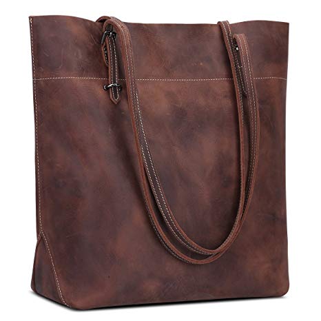 S-ZONE Women's Vintage Crazy Horse Leather Work Tote Shoulder Bag Large Capacity Upgraded 2.0 Version