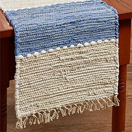 54" Table Runner in Denim Light Blue & Beige Chindi Nubby Cotton