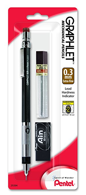 Pentel Graphlet Mechanical Pencil, 0.3mm with Lead and Small Black Block Eraser (PG503LEBP)