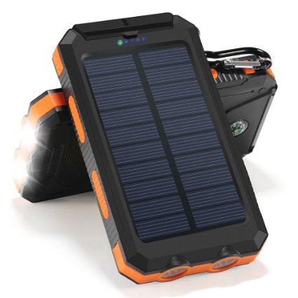 Solar Charger, 10000mAh Solar Power Bank Portable Battery Pack Cellphone Charger with 2 LED Flashlights, Solar Panel with Compass and Carabiner for iPhone and Android Cellphones(Orange)