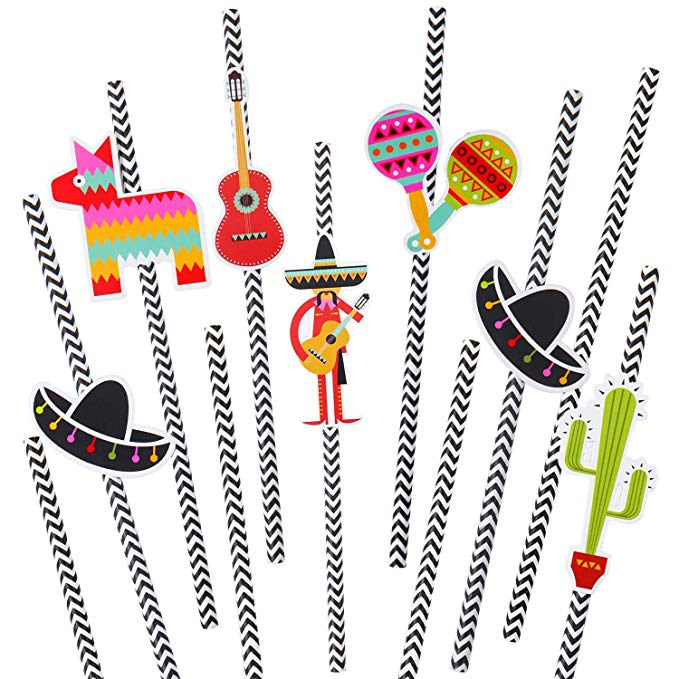 Ruisita 48 Sets Mexican Fiesta Party Paper Straws Cactus Sombrero Donkey Pattern Striped Drinking Decorative Straws for Parties Festival
