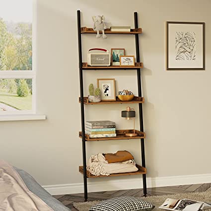 Rolanstar Ladder Bookshelf with Wooden Edge 5-Tier, Wooden Bookshelf with Stable Metal Frame,Utility Storage Rack Shelves, Plant Flower Shelves for Living Room,Office Kitchen,Rustic Brown