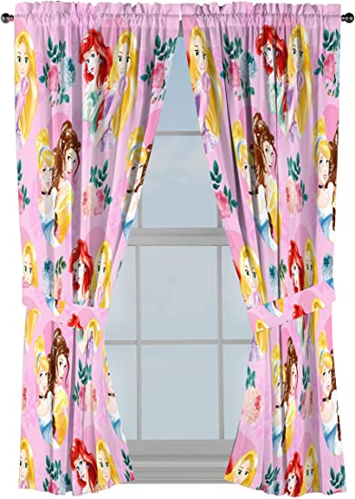 Disney Princess Sassy 63" Inch Drapes 4 Piece Set - Beautiful Room Décor & Easy Set Up, Bedding Features Cinderella & Belle - Window Curtains Include 2 Panels & 2 Tiebacks (Official Disney Product)