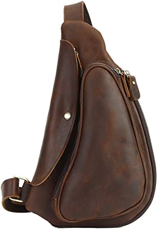 Leathario Men's Leather Sling bag Chest bag One shoulder bag Crossbody Bag Backpack for men (Brown-33)