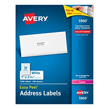 Avery Easy Peel Address Labels for Laser Printers, 1 x 2.625 Inches, White, Box of 7500 Labels (5960)