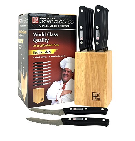 Miracle Blade World Class Quality 4'' Steak Knife Set, 9 Piece: 8 Steak Knives with a Mini Wood Block
