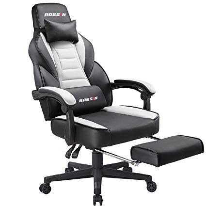 BOSSIN Racing Style Gaming Chair Office Computer Desk Chair with Footrest and Headrest, Ergonomic Design, Large Size High-Back E-Sports Chair, PU Leather Swivel Chair (White-3)