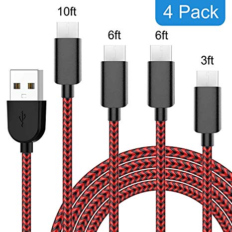 USB Type C Cable 4 Pack (3FT 6FTx2 10FT) Braided Nylon Type C Charger Cables Fast Charging Cord for Samsung Galaxy S10 S10e Note 9 S9 S8 Plus LG V30 G6 G5 Pixel 3 XL Nexus 5X/6P (Black Red)