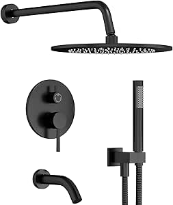 Gabrylly Black Shower System with Tub Spout, Bathtub Shower Faucets Set with 3-Way Shower Valve, High Pressure 10" Rain Shower head with Handheld Spray Combo, Wall Mounted Tub Shower Kit, Matte Black