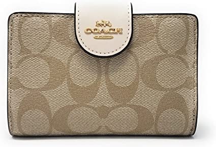 COACH Womens Medium Corner Zip Wallet In Signature Canvas, Gold/KHAKI/CHALK, Wallet