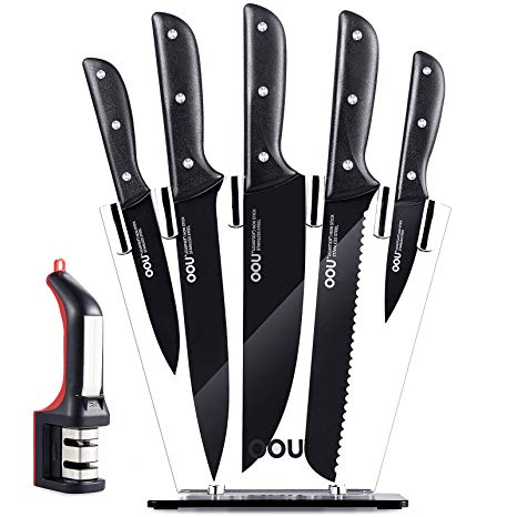 OOU Pro Kitchen Knife Set Chef Knives, 6 Pieces High Carbon Stainless Steel Razor Sharp Cutlery Set with Acrylic Stand, Full Tang Blade & Ergonomic Handle, Bonus Knife Sharpener, Black Knife Set