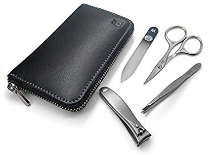 GERManikure 4pc matte stainless steel manicure set in black leather zip case